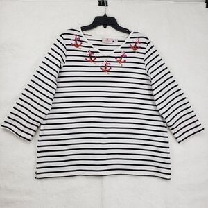 Quacker Factory Shirt Womens 1X Black White Striped Anchor Sequin Nautical Top